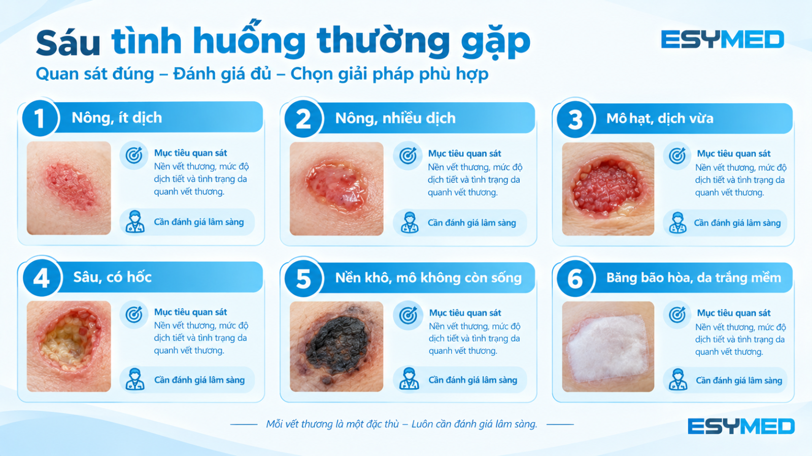 Sáu tình huống đánh giá vết thương trước khi cân nhắc băng gạc.