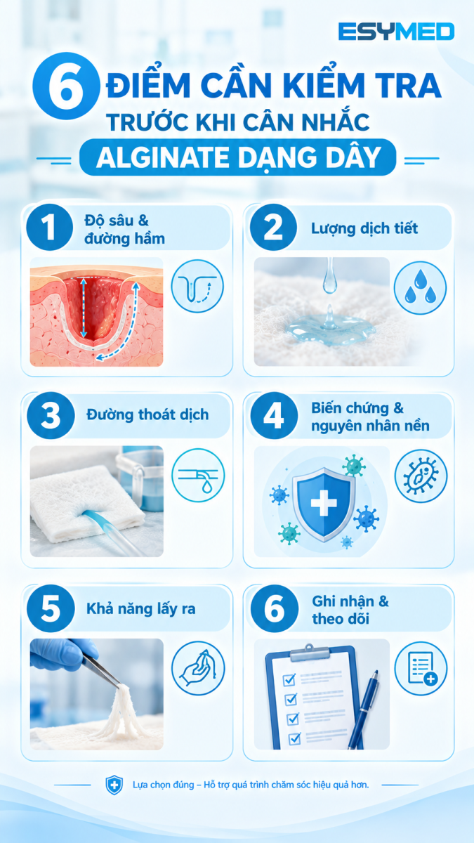Sáu điểm kiểm tra trước khi cân nhắc băng Alginate dạng dây cho vết thương hốc.